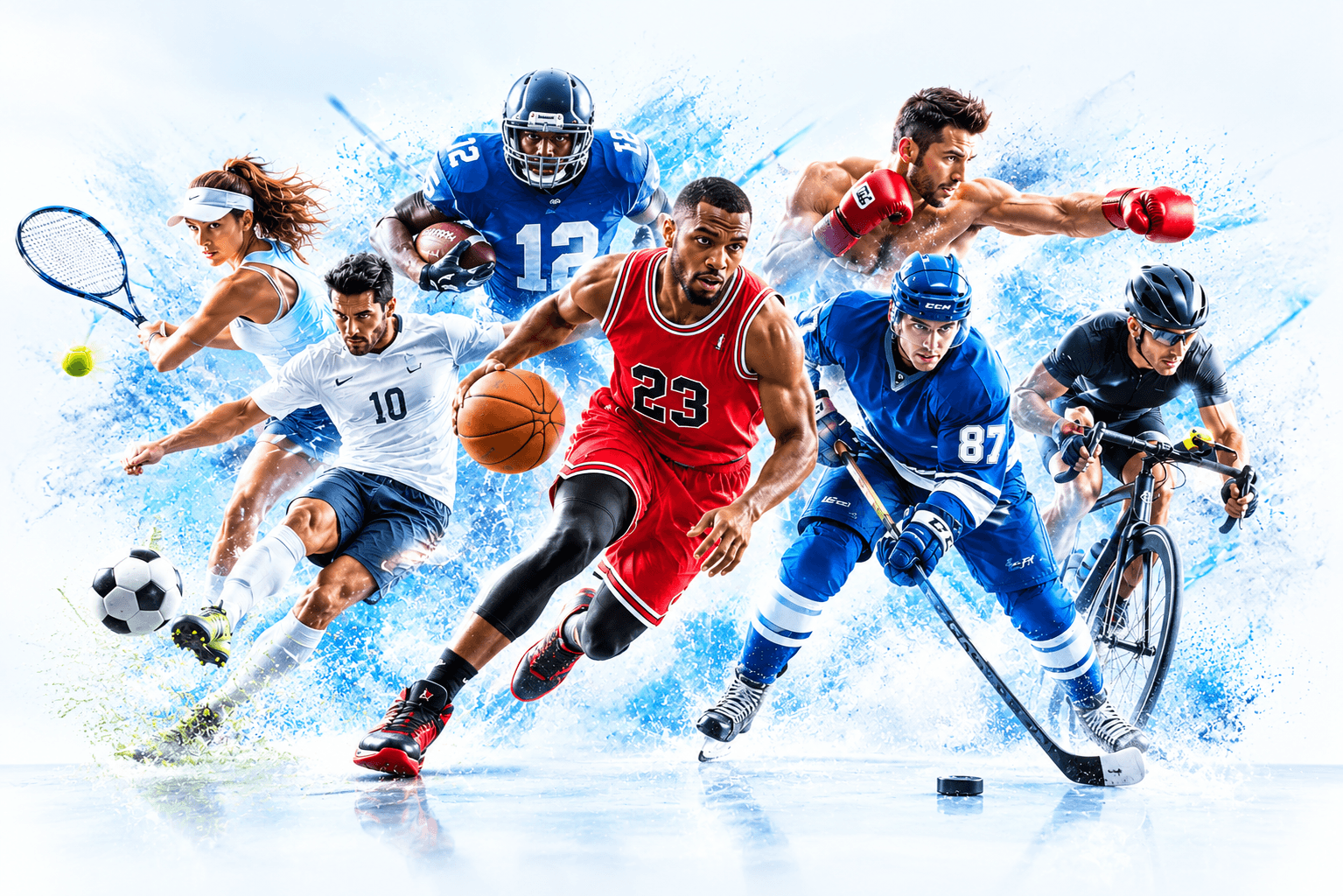 Athletes playing football, basketball, tennis, ice hockey, boxing and cycling