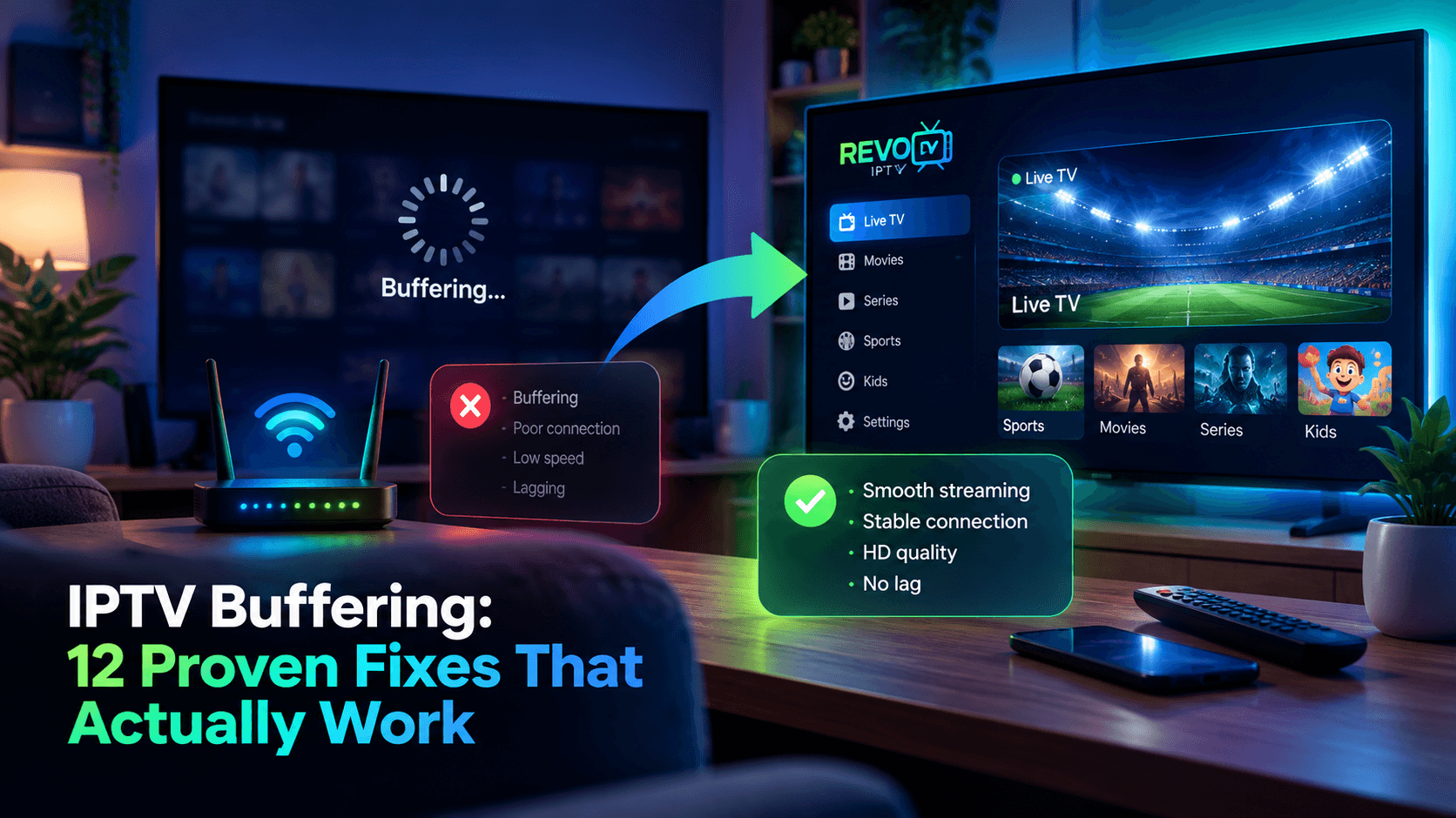 A TV stuck buffering next to a router, and a second TV streaming live football smoothly, with the title IPTV Buffering: 12 Proven Fixes That Actually Work