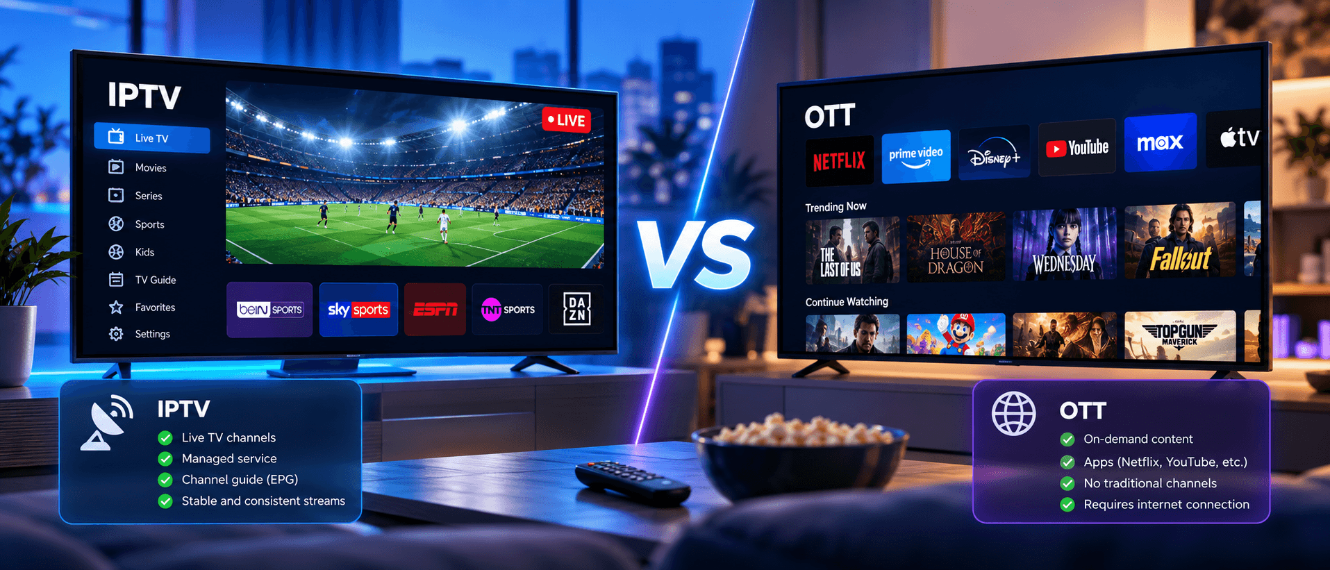 IPTV vs OTT: a TV showing live sports channels and a programme guide next to a TV showing on-demand streaming apps